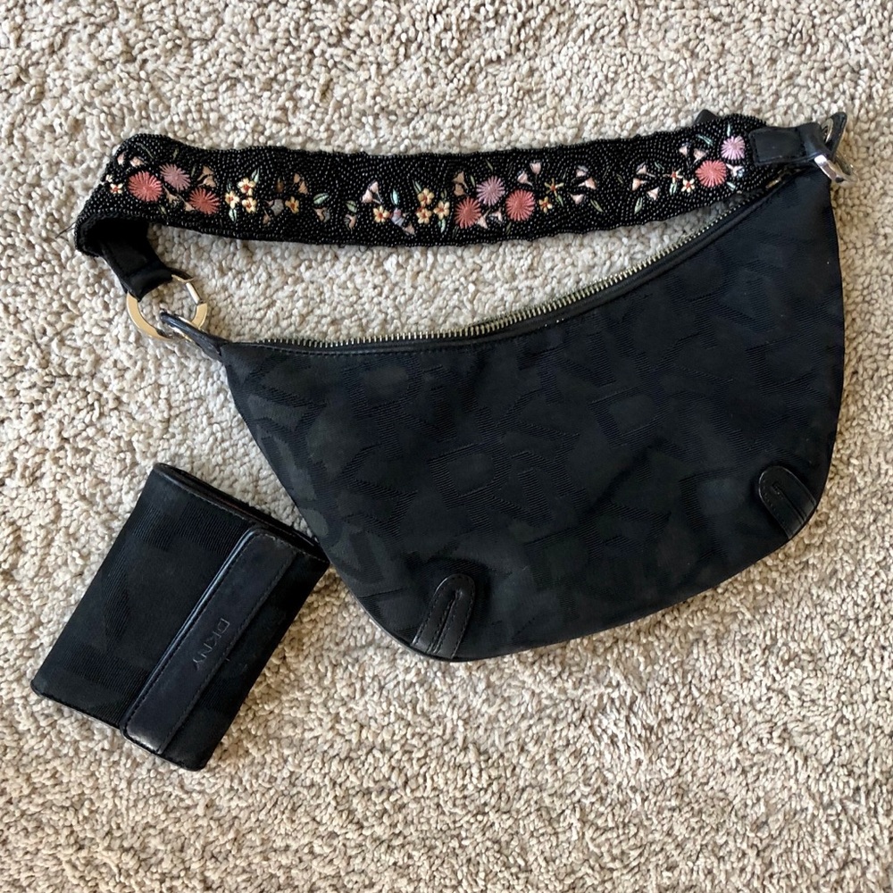 DKNY purse black floral beaded strap handbag